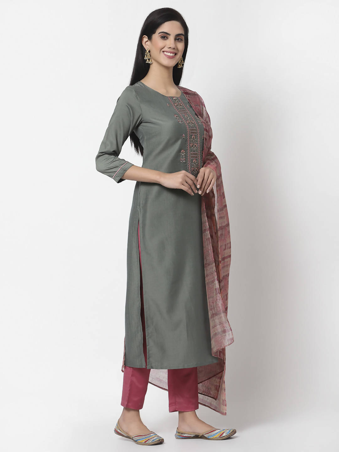 Myshka Women Grey Silk Blend Embroidered 3/4 Sleeve Round Neck Kurta Pant Dupatta Set