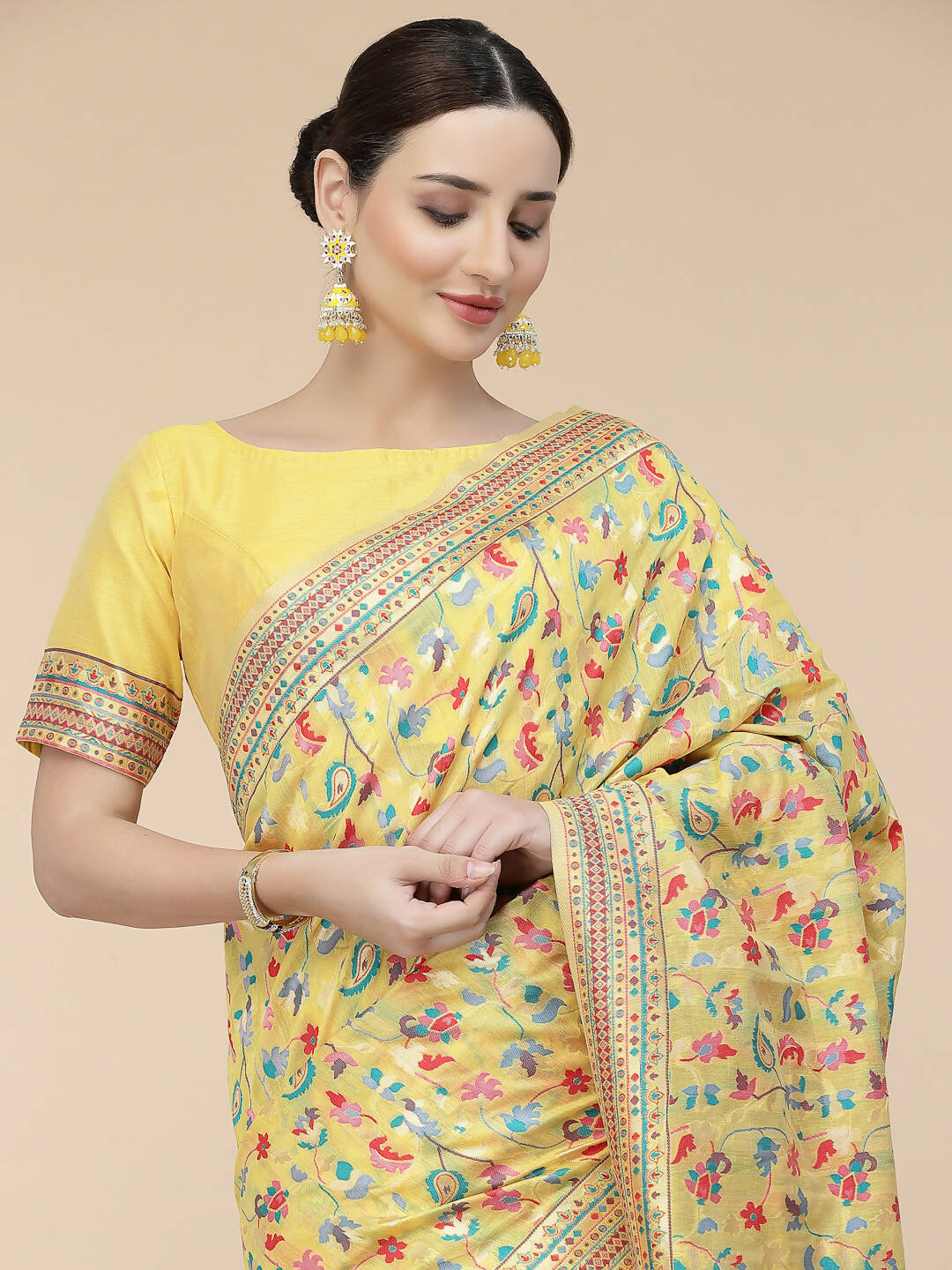 Yellow Silk Blend Woven Design Saree With Unstitched Blouse Piece - Aloki - Distacart