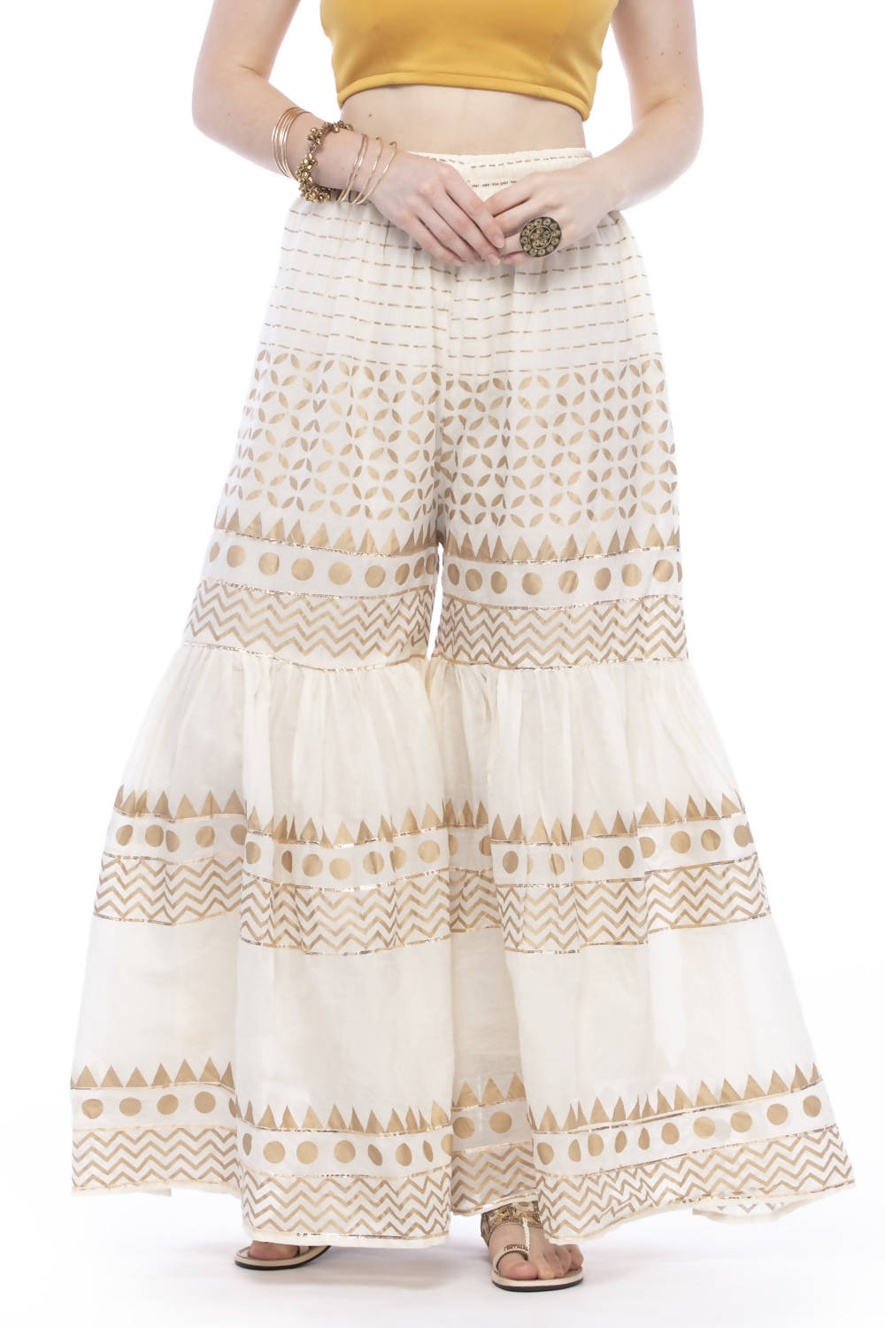 Cotton Off White Gold Print With Gota Sharara