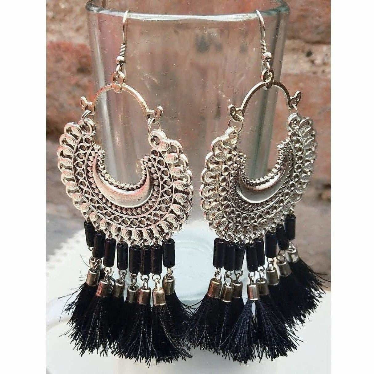 Chandbali Black Glass Black Pearls And Hanging Silk Threads Earrings
