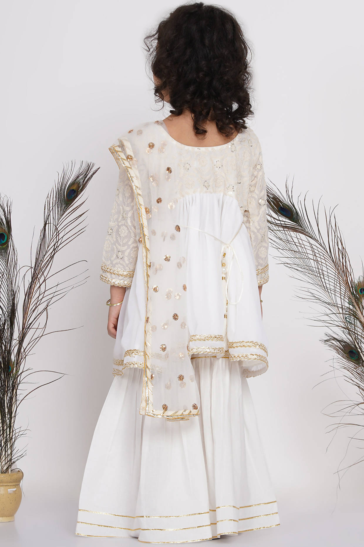 Little Bansi Cotton Floral Embroidery Frock Kurta with Sharara & Dupatta - White - Distacart