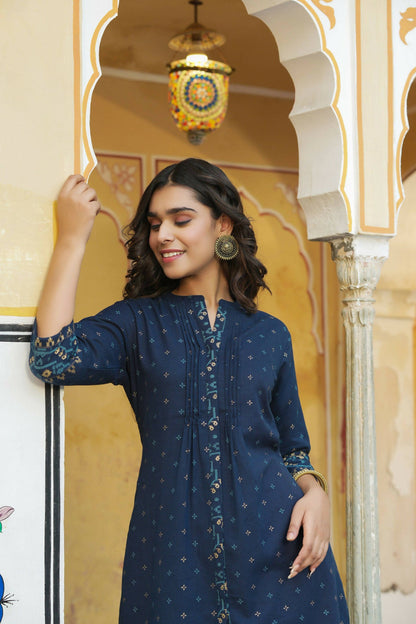 Juniper Women's Blue Cotton Flex Printed A-Line Kurta - Distacart