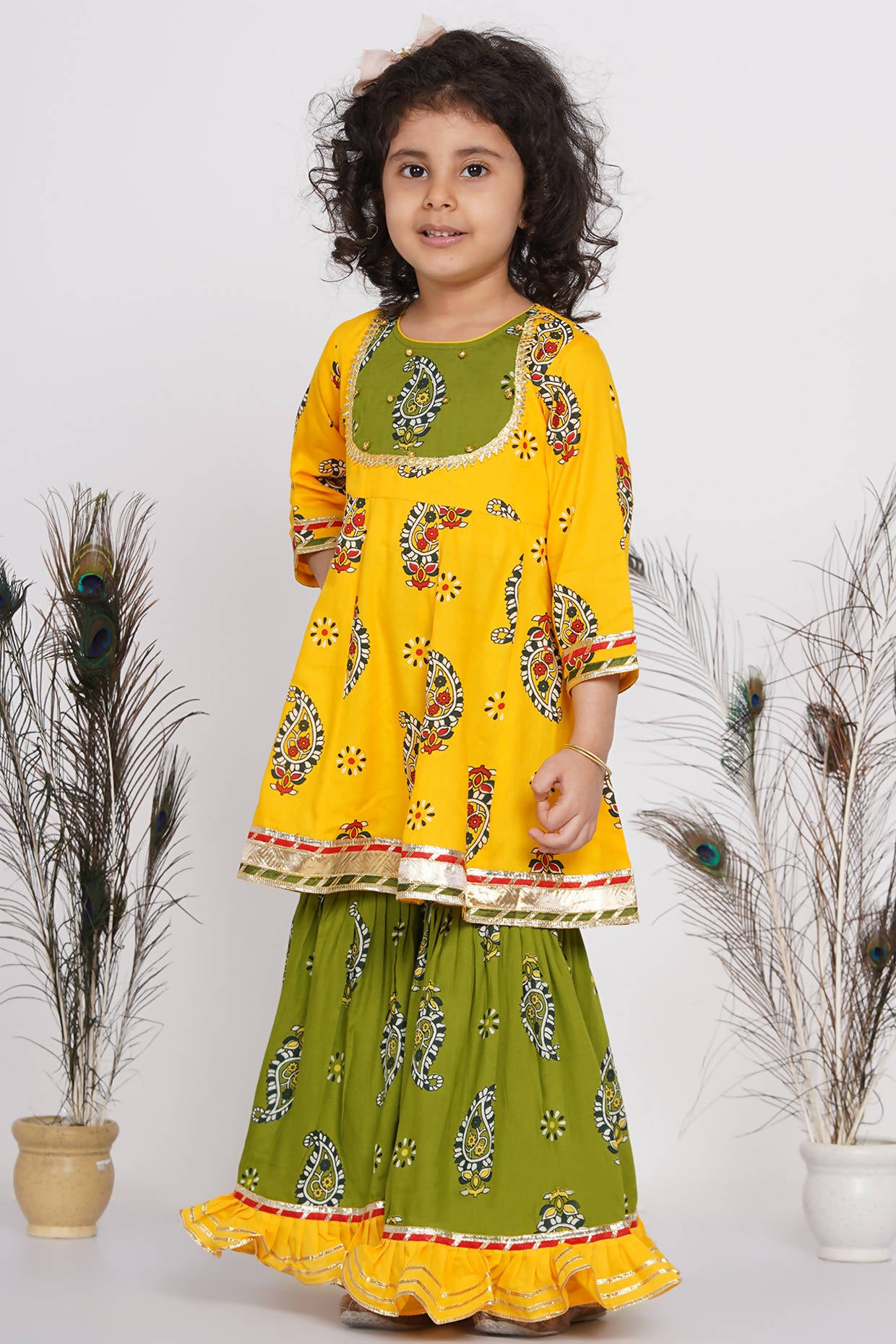 Little Bansi Cotton Floral Kurta with Frill Sharara & Dupatta - Yellow & Green - Distacart