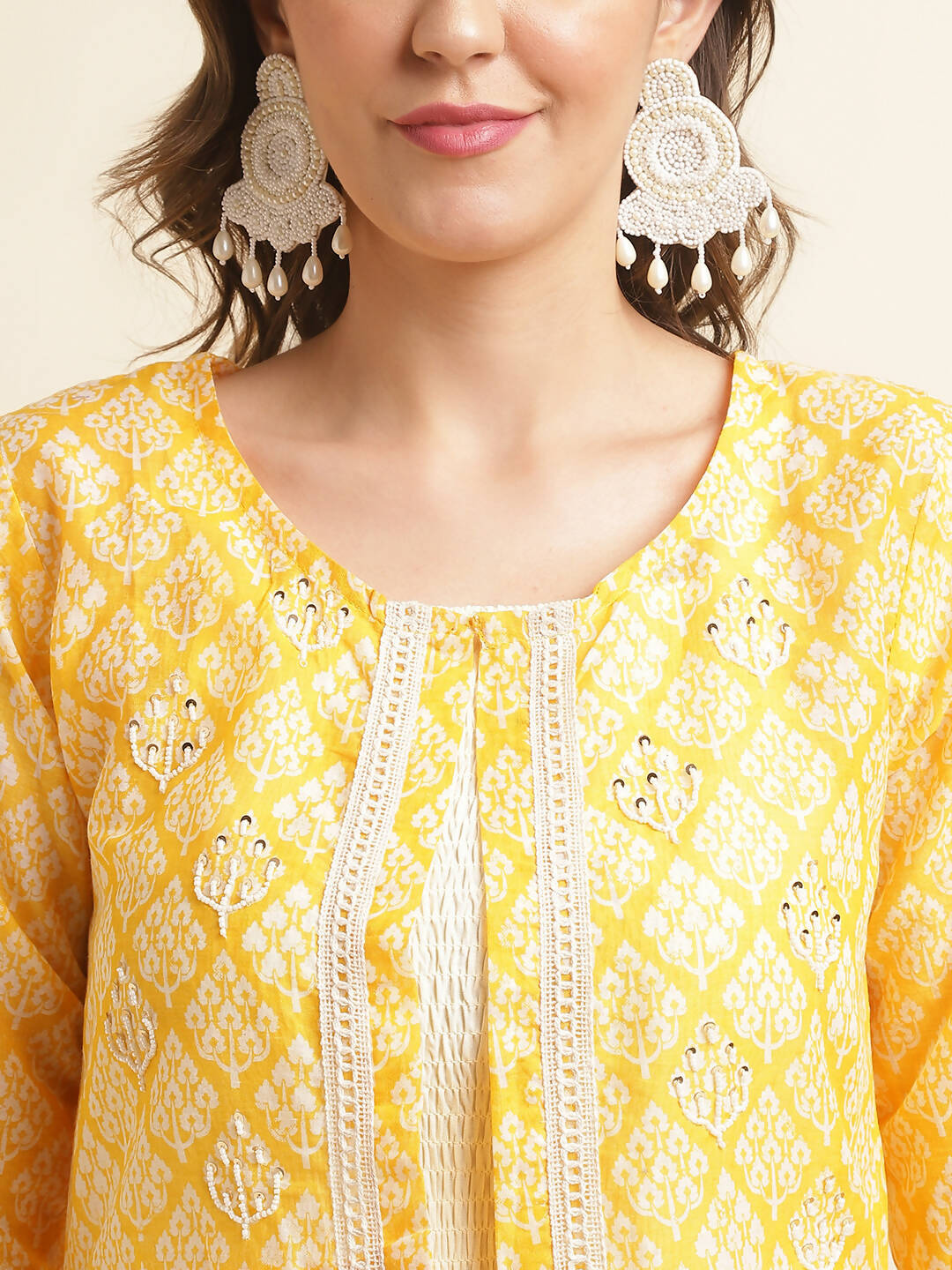 White Cotton Solid Flared Dress with Printed Shrug - Yukti - Distacart