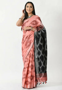 Thumbnail for Mominos Fashion Moeza Gajari & Black Bhagalpuri Handloom Ikat Pure Cotton Saree with unstitched Blouse piece - Distacart