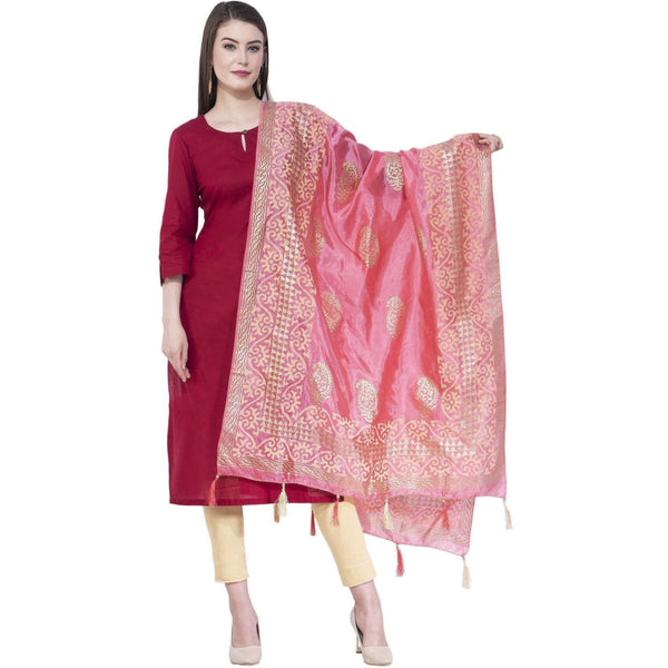 A R Silk Women's Gold Print Silk Light Pink Dupattas and Chunnis