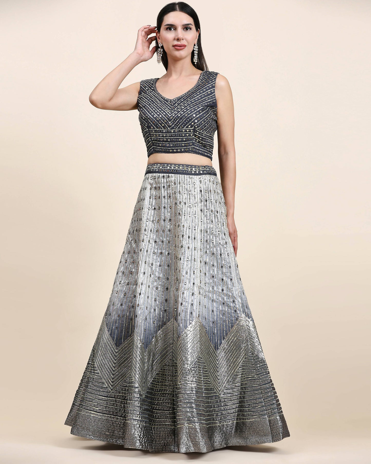 Grey Organza Mirror With Coding Work Lehenga Choli with Dupatta - Tanya - Distacart