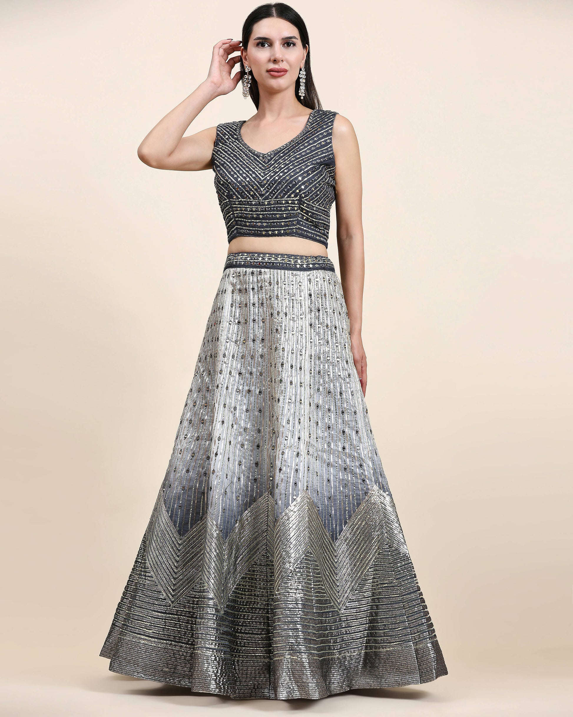 Grey Organza Mirror With Coding Work Lehenga Choli with Dupatta - Tanya - Distacart