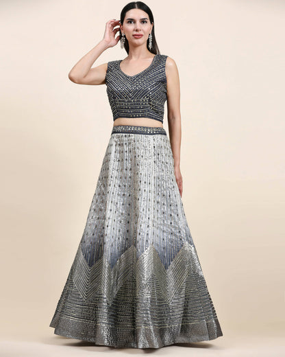 Grey Organza Mirror With Coding Work Lehenga Choli with Dupatta - Tanya - Distacart