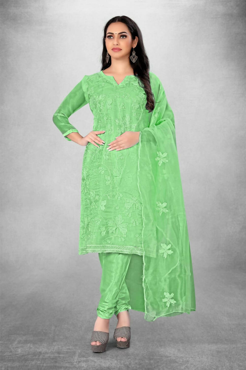 Green Heavy Organza Silk Embroidered Unstitched Dress Material - Amara - Distacart