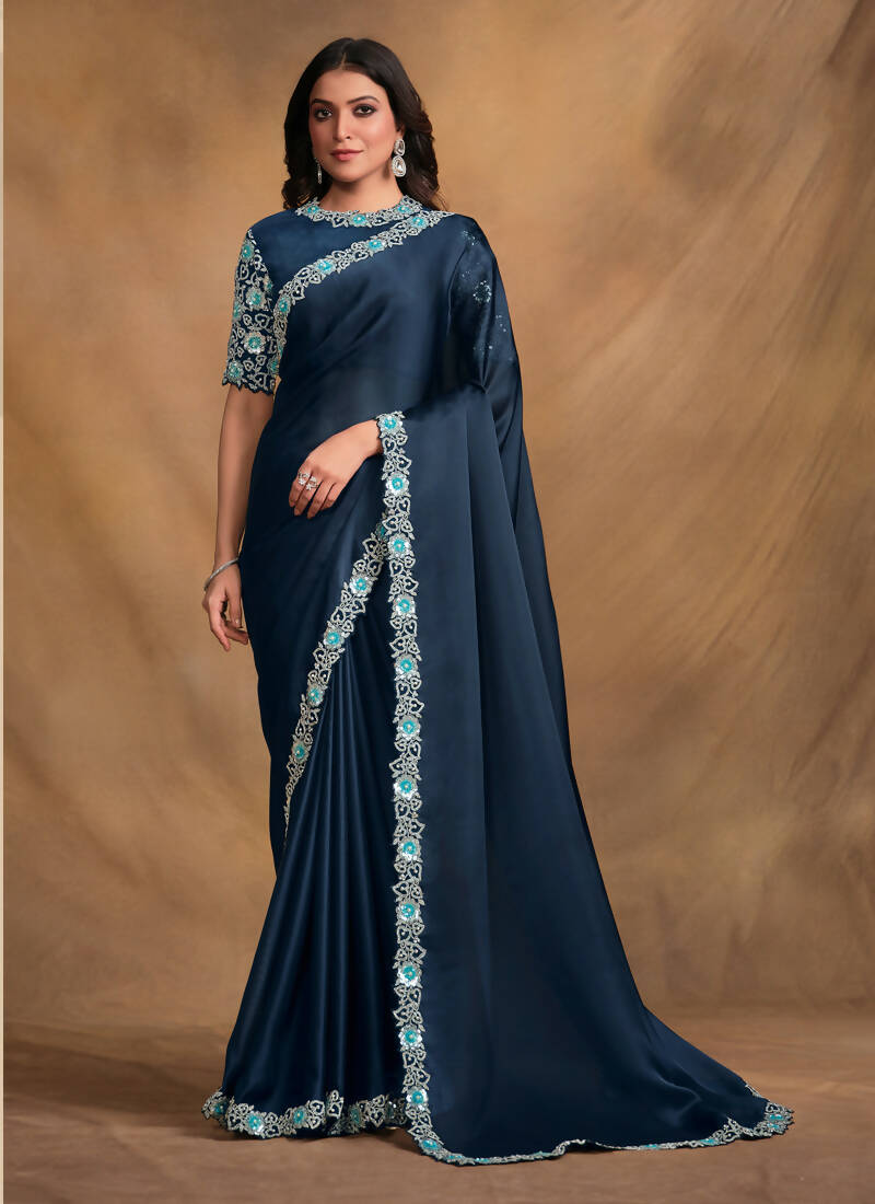 Navy Blue Satin Silk Georgette Designer Saree with Unstitched Blouse - Norita Mahitha - Distacart