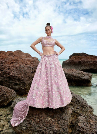 House of Panchhi Mauve Organza Sequins, Zarkan And Thread Embroidery Lehenga Choli & Dupatta - Distacart