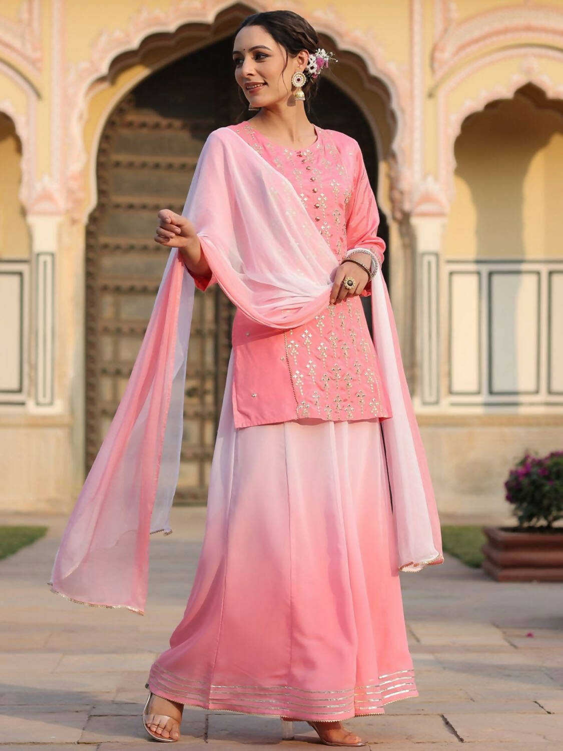 Juniper Women Pink Shantoon Embroidered Kurta, Palazzo and Dupatta Set - Distacart