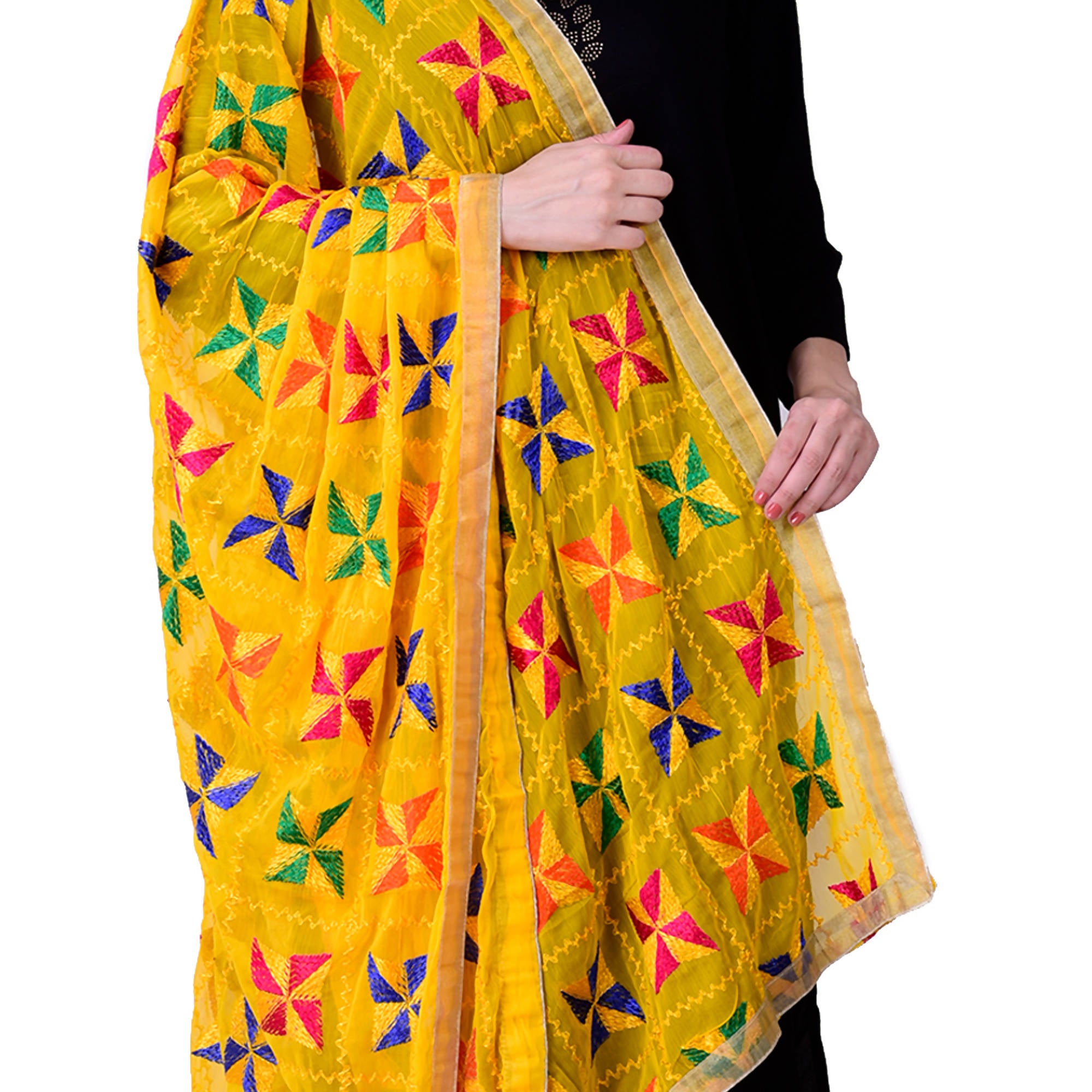 SWI Stylish Women's Embroidered Phulkari Chiffon Yellow Dupatta