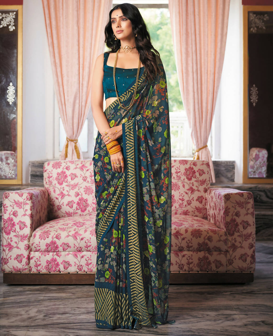 Blue Georgette Brasso Floral Printed Saree With Unstitched Blouse Piece - Zyanya - Distacart