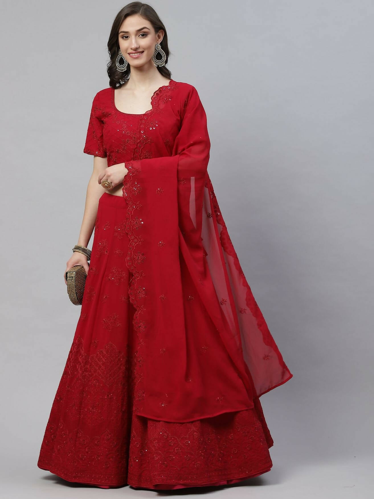 Dark Pink Georgette Thread with Sequins Embroidered work Lehenga Choli with Dupatta - Jivika - Distacart