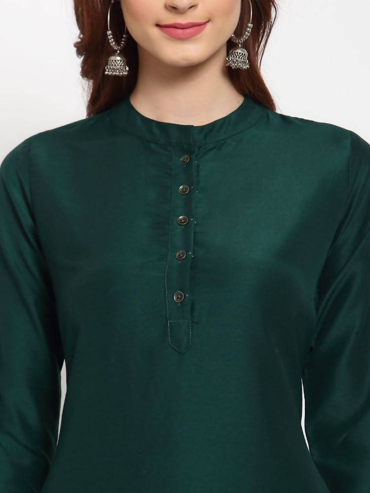 Myshka Women's Green Solid Cotton 3/4 Sleeve Mandarin Neck Casual Kurta Pant Dupatta Set