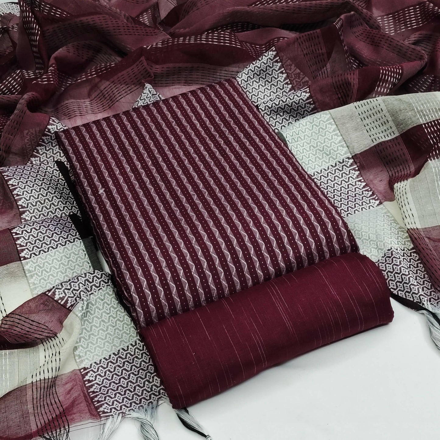 Wine Cotton Jacquard Woven Unstitched Dress Material - Amara - Distacart
