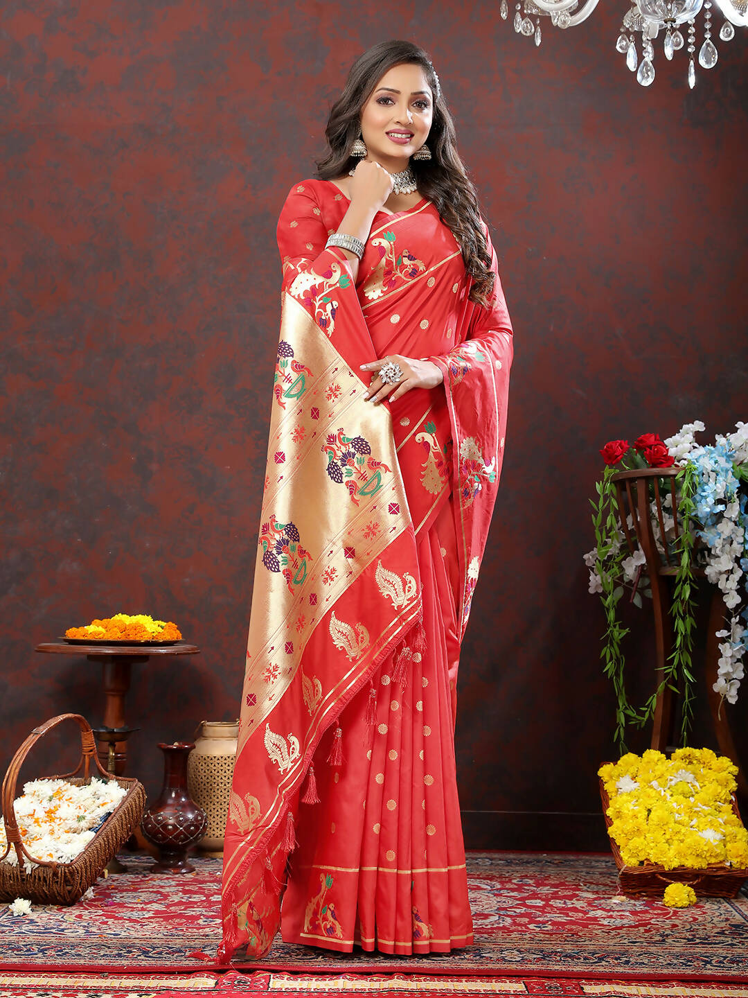 Lorenvalley Fashion Red Soft Paithani Silk Woven Design Gold Zari Meenakari Weaving Saree - Distacart