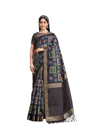 Navy Blue Tusser Silk Geometric Printed Saree With Unstitched Blouse - Mohmanthan Aahana - Distacart