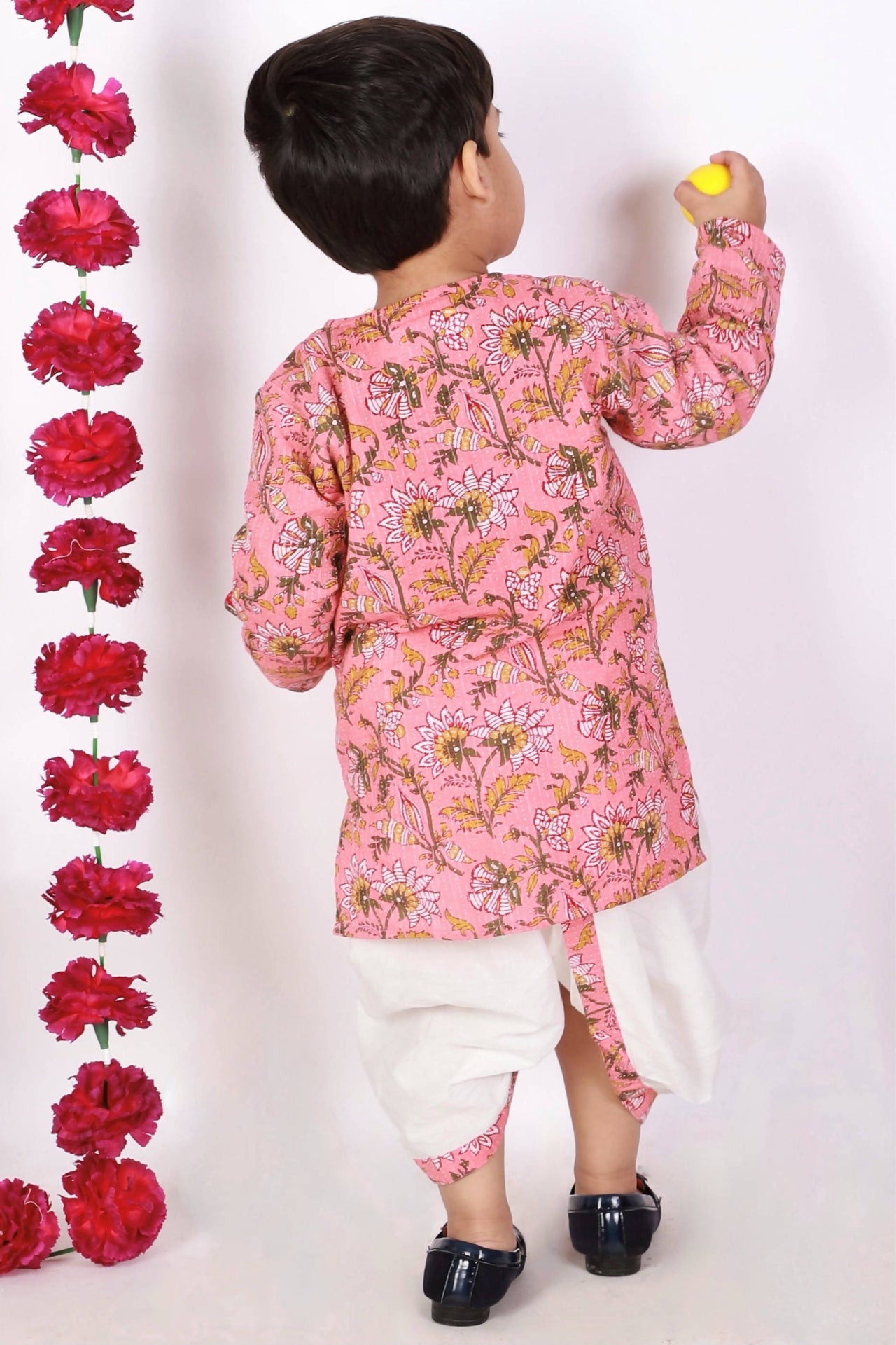 Little Bansi Bengali Kantha work floral kurta with Dhoti - Pink and White