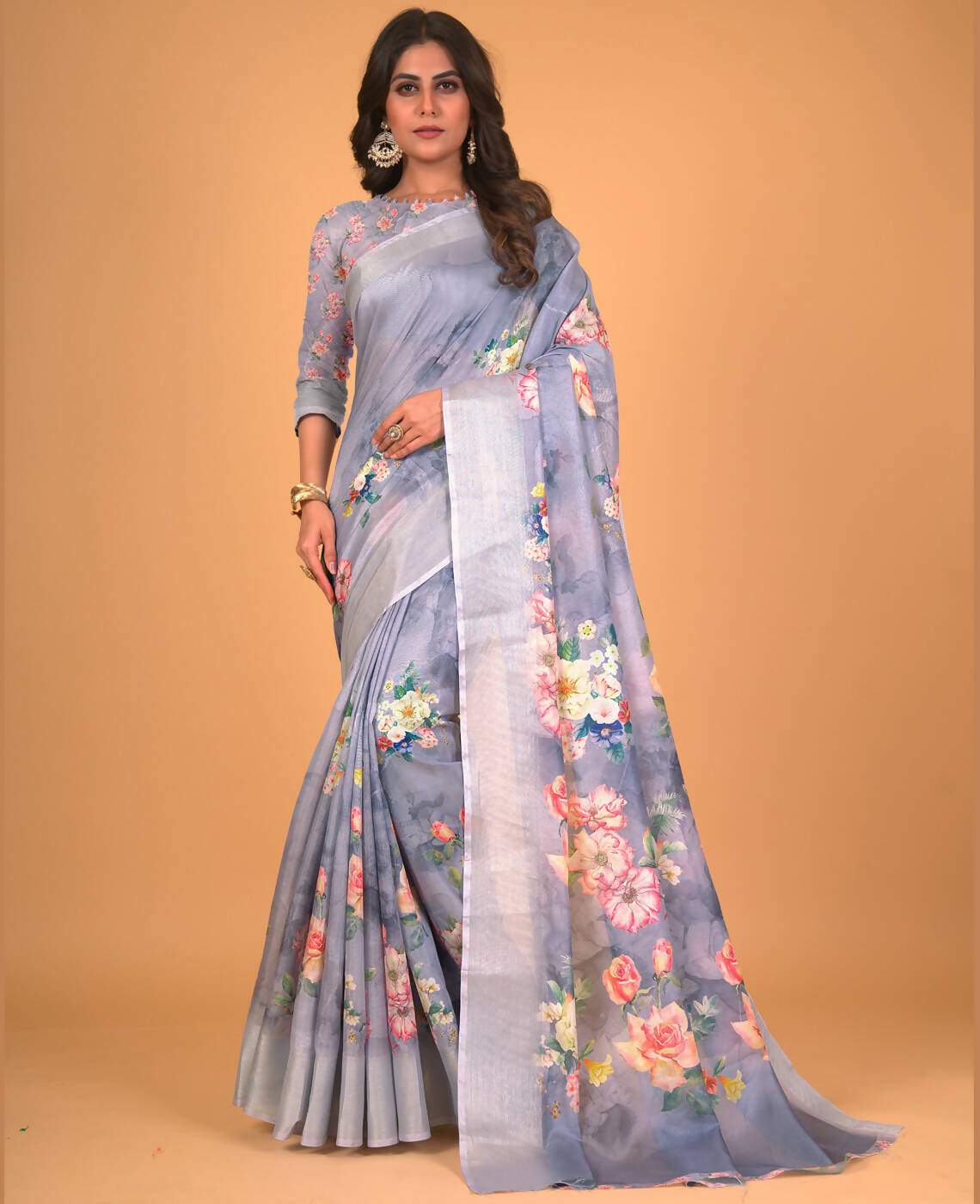 Grey Cotton Silk Floral Printed Saree With Unstitched Blouse Piece - Akshita - Distacart