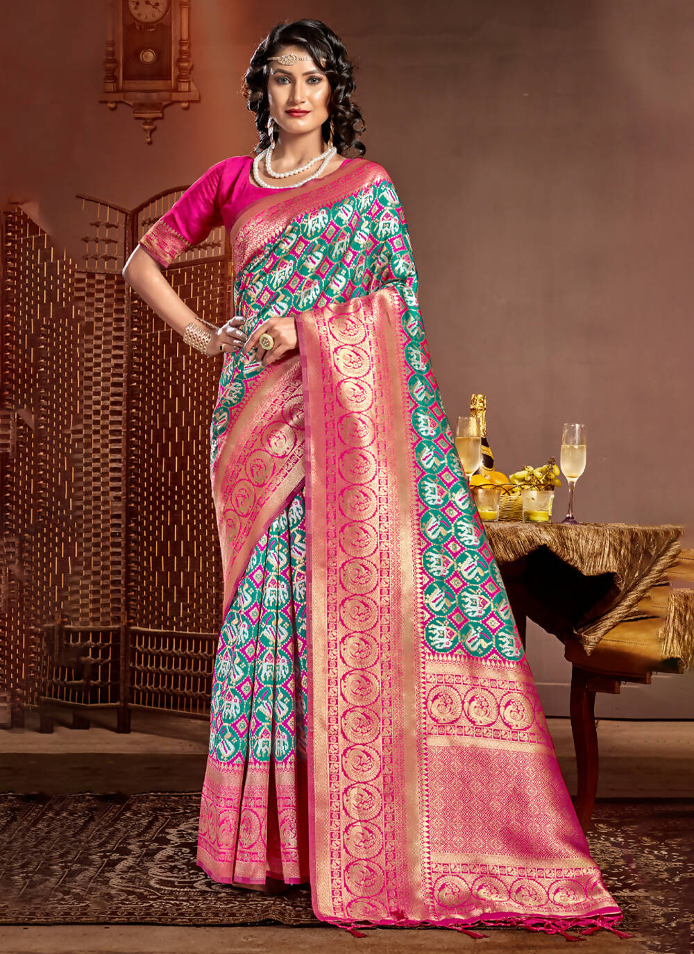 Sea Green Patola Silk Zari Woven Design Saree with Unstitched Blouse Piece - Aachal - Distacart