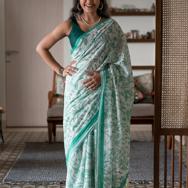 Suta White Floral Pure Cotton Saree - Distacart