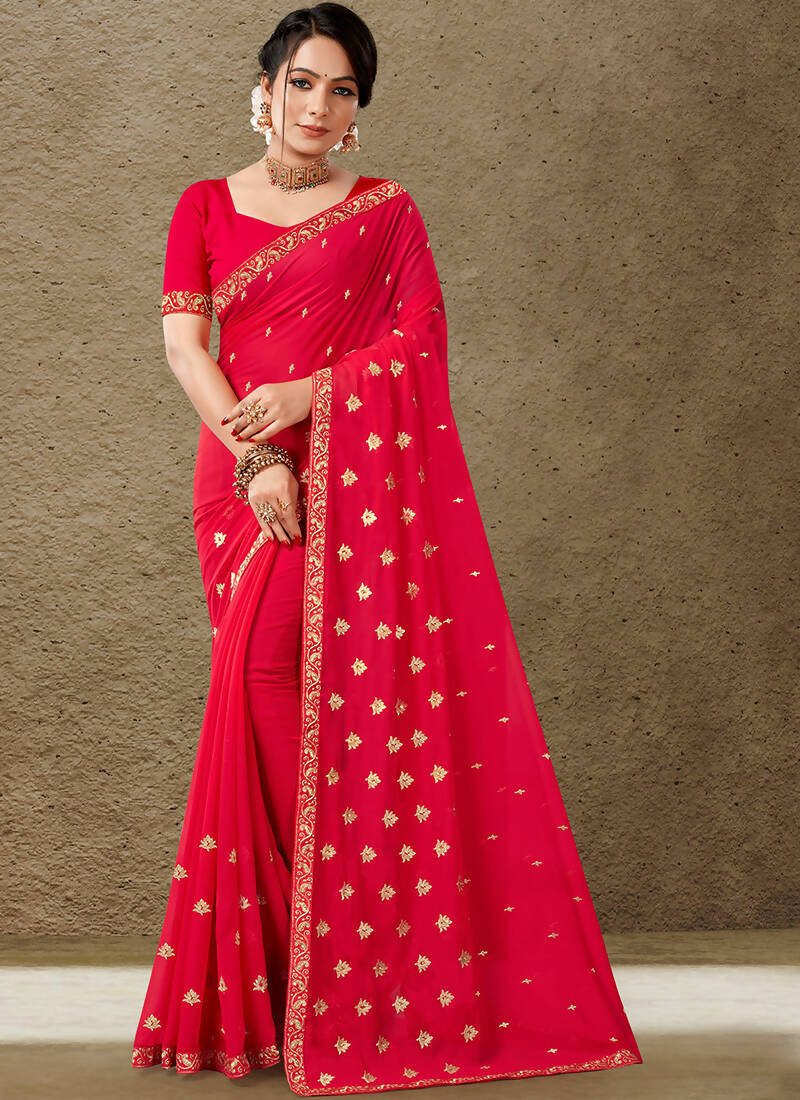 Red Georgette Embroidered Saree with Unstitched Blouse Piece - Avika - Distacart