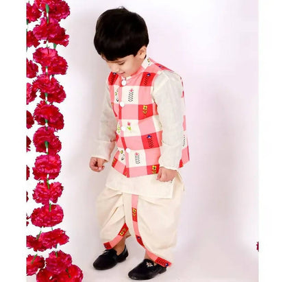 Little Bansi Cream Color Floral Check Jacket with Kurta and Dhoti