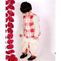Thumbnail for Little Bansi Cream Color Floral Check Jacket with Kurta and Dhoti