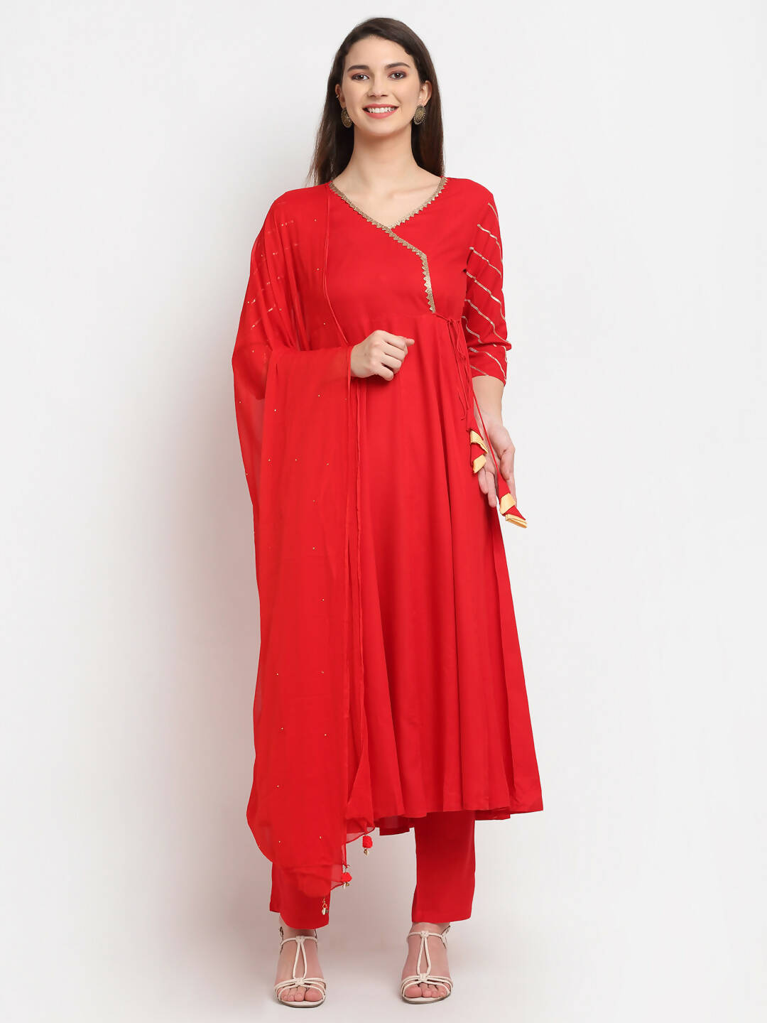 Rudra Bazaar Red Anarkali Kurti & Pyjamas With Dupatta - Distacart