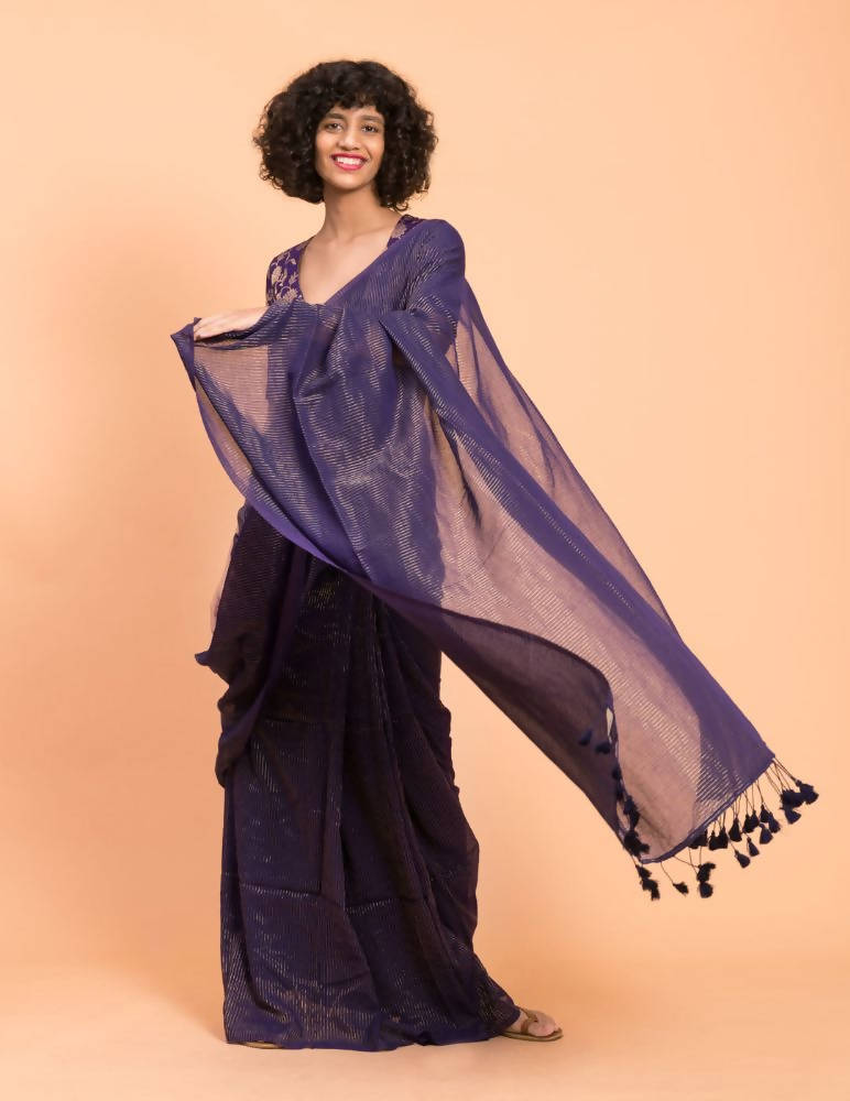 Suta Purple Woven Zari Striped Pure Handloom Cotton Saree - Distacart