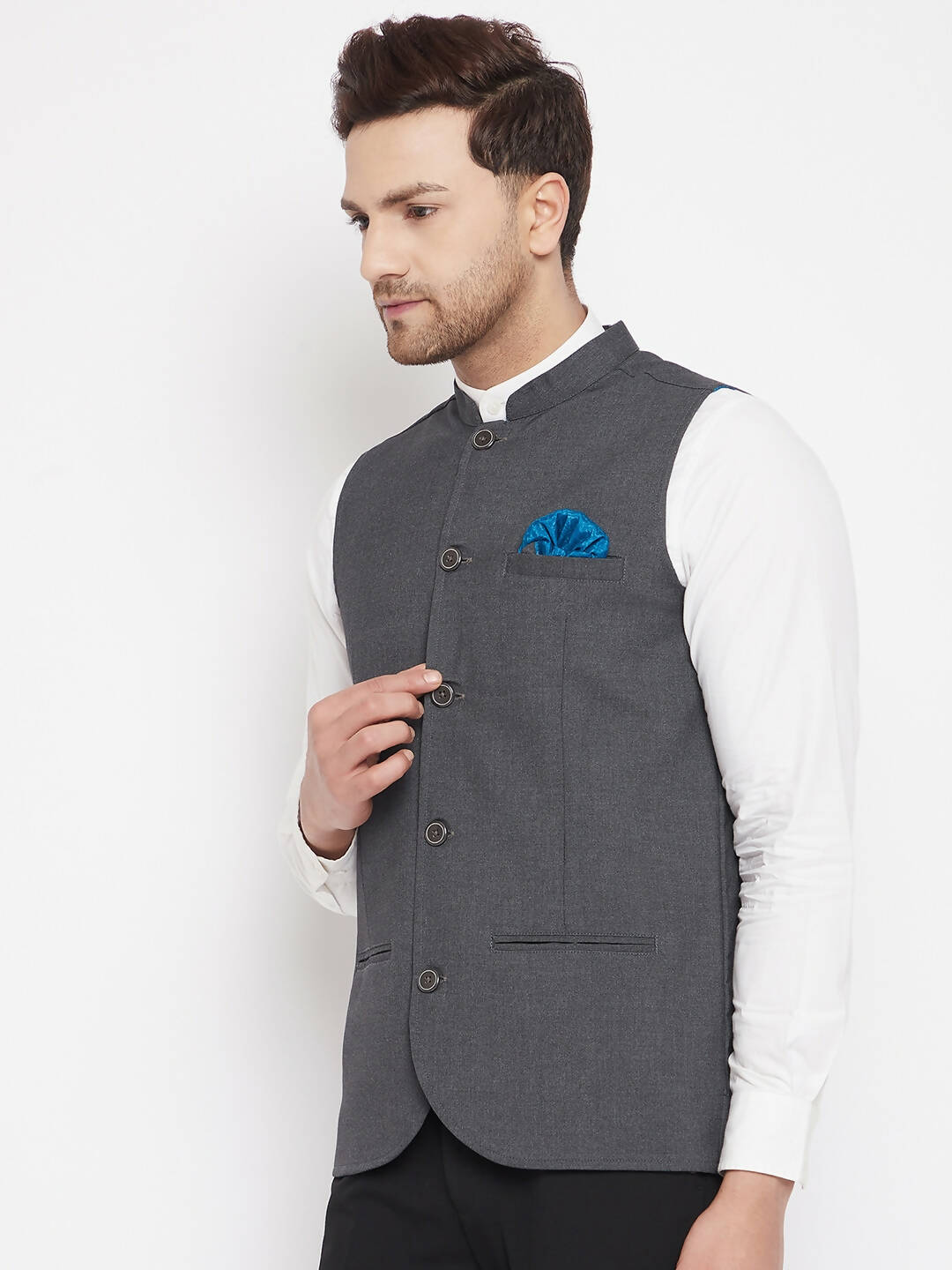 Even Apparels Men's Grey Merino Nehru Jacket-Contrast Lining-Free Pocket Square - Distacart