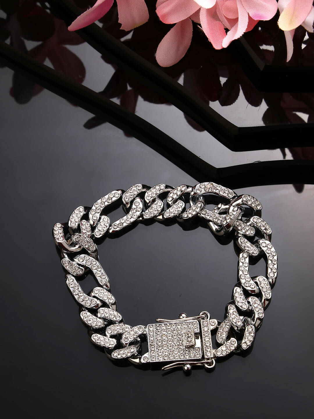NVR Men Silver-Plated Stainless Steel American Diamond Studded Link Bracelet - Distacart