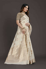 Thumbnail for Off White Pure Raw Silk Zari Woven Saree with Unstitched Blouse Piece - Alisha - Distacart