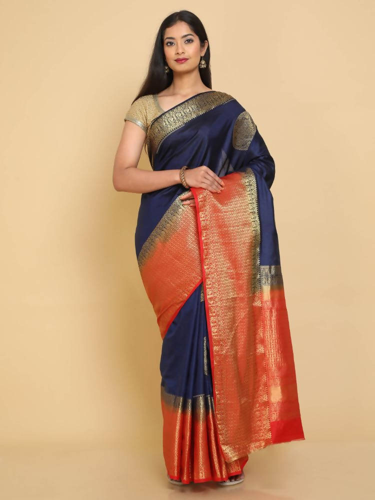 Kalamandir Woven Design Navy Blue Silk Blend Saree