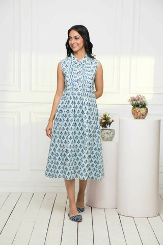 Myshka Women Blue Ethnic Motifs Cotton A-Line Mandarin Collar Dress - Distacart