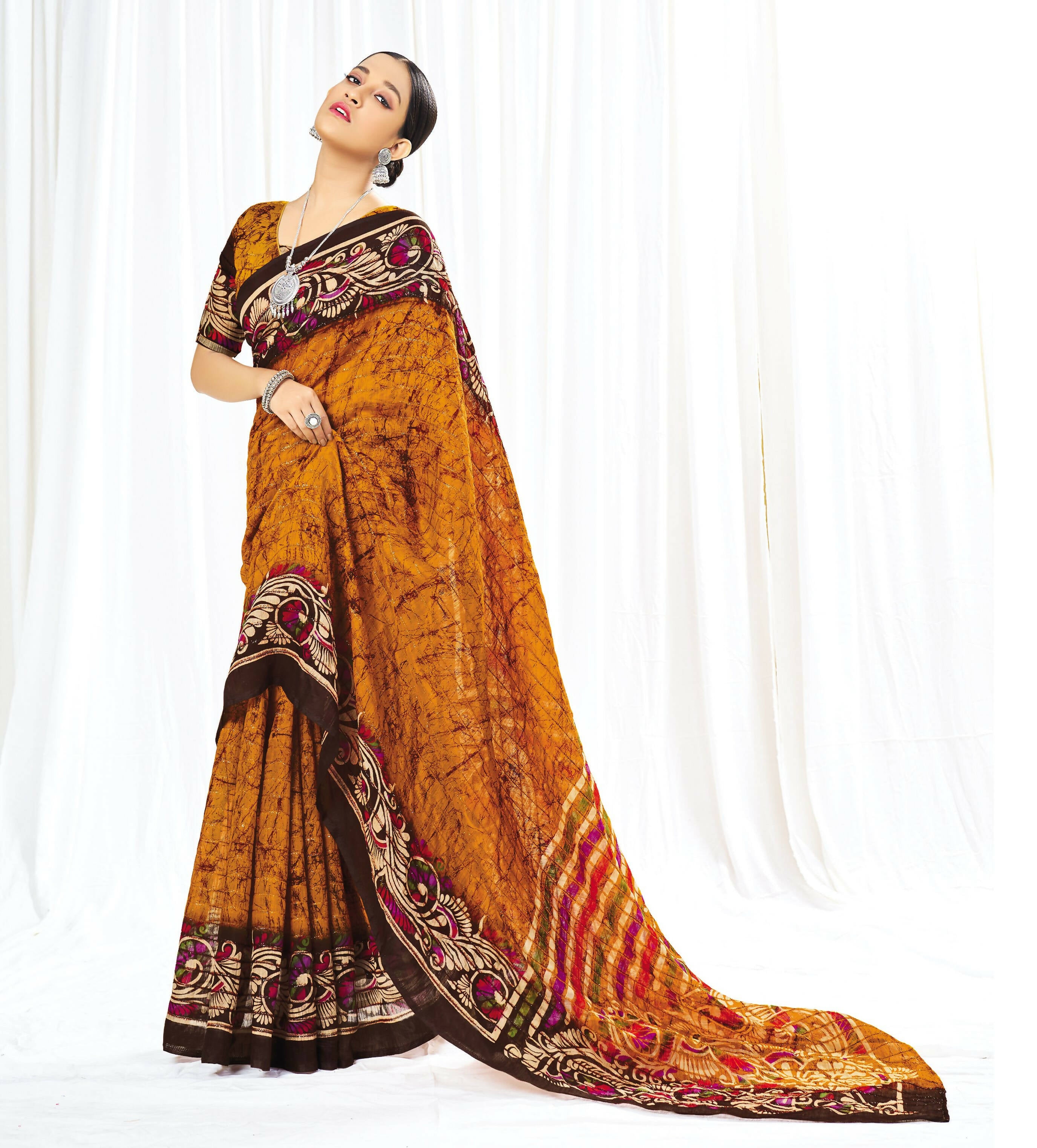Mustard Chanderi Cotton Floral Printed Saree With Unstitched Blouse Piece - Kathika - Distacart