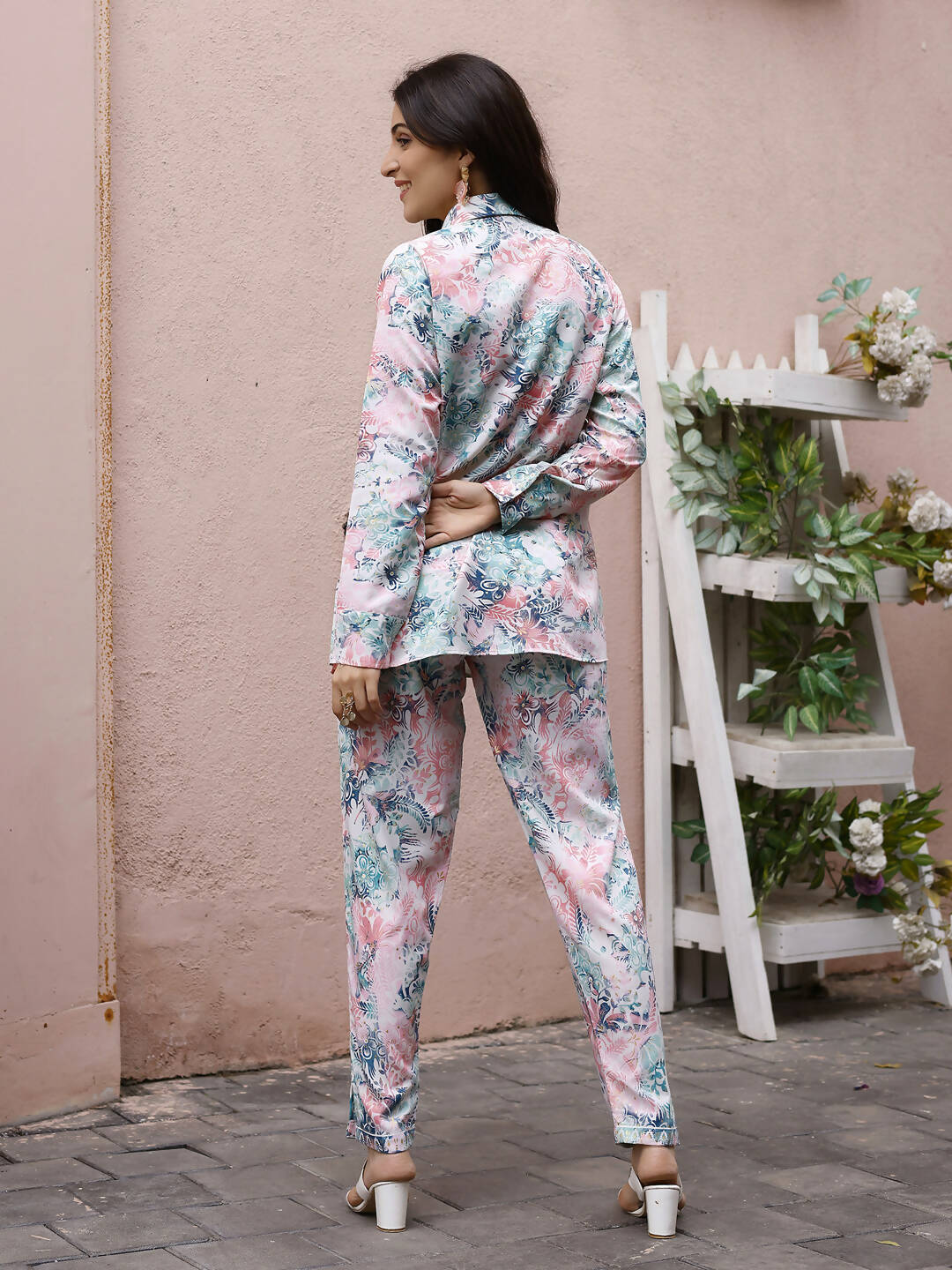 Blue & Pink Rayon Floral Printed Top with Matching Bottom - Eesha - Distacart