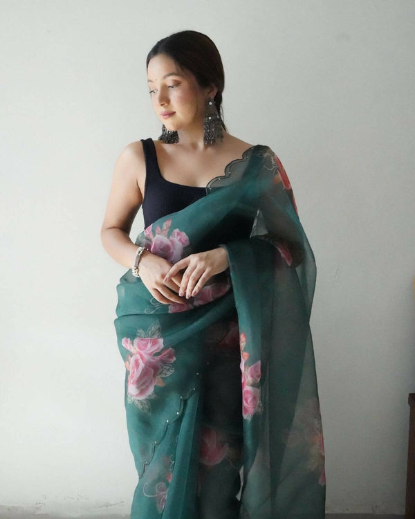 Vamsee Green Organza Saree - Distacart
