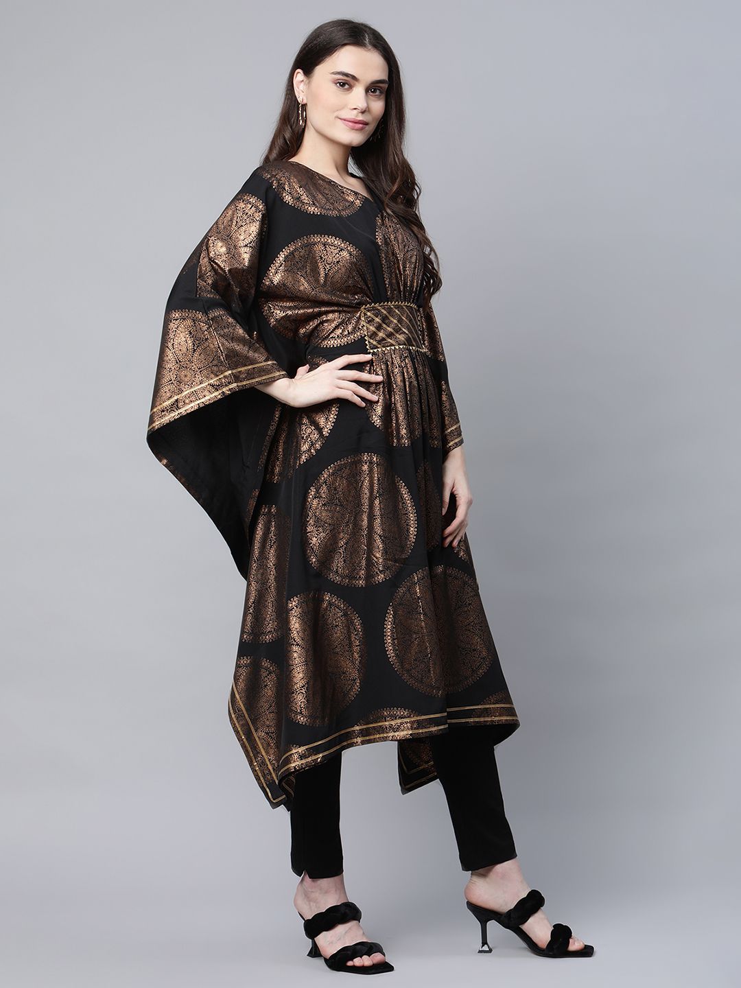 Ahalyaa Women Black Crepe Copper Foil Printed Flared Sleeve Kaftan Kurta - Distacart