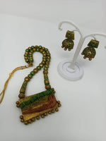 Thumbnail for Terracotta Green and Gold Kerala Style Rowing Boat Pendant Long Necklace Set with Temple Earrings