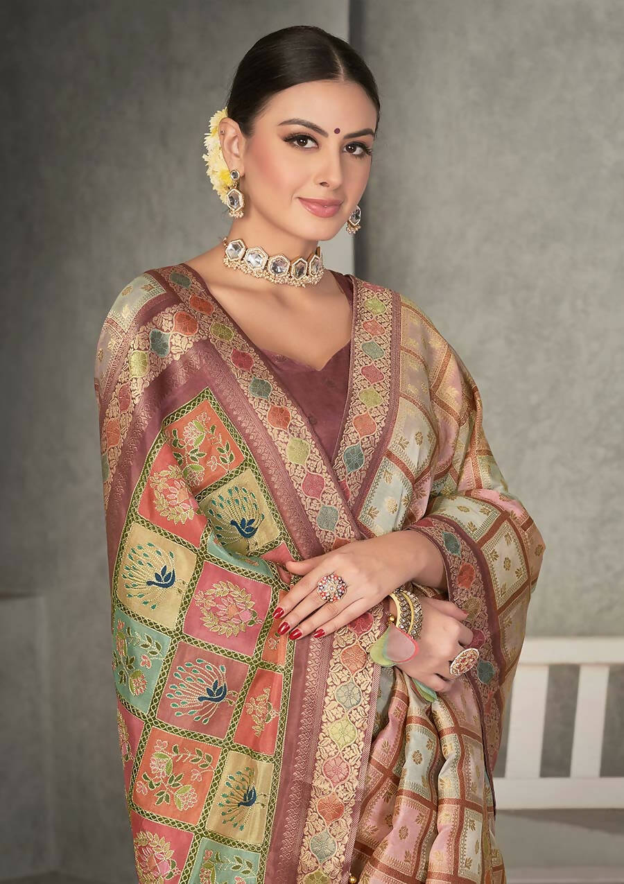Peach Rangkat Tussar Silk Woven Design Saree with Unstitched Blouse - Mohmanthan Eshani - Distacart