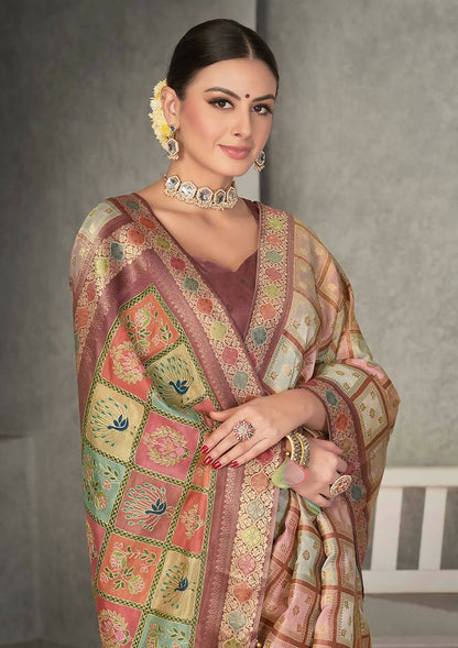 Peach Rangkat Tussar Silk Woven Design Saree with Unstitched Blouse - Mohmanthan Eshani - Distacart