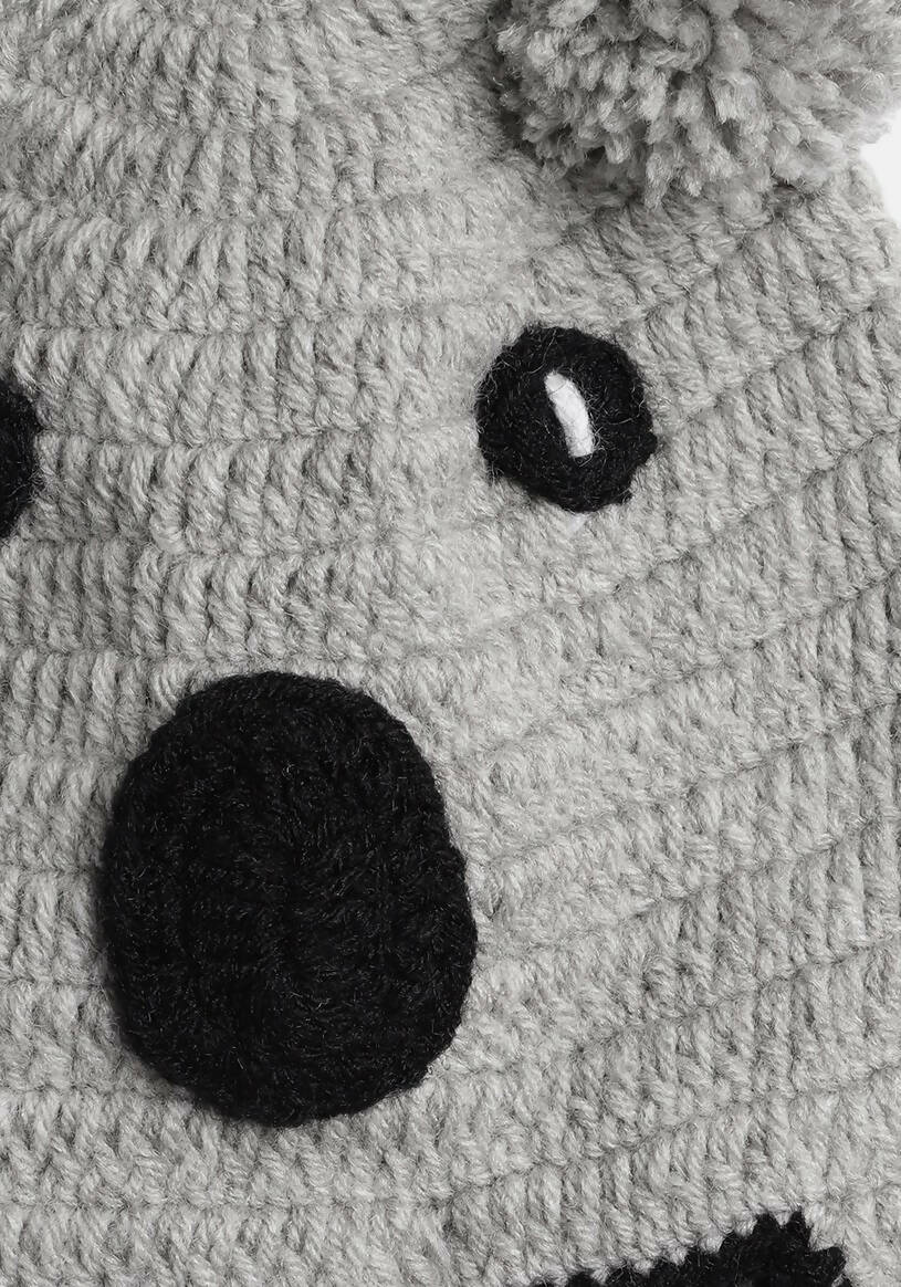 Chutput Kids Woollen Hand Knitted Kuala Bear Detail Cap - Grey - Distacart