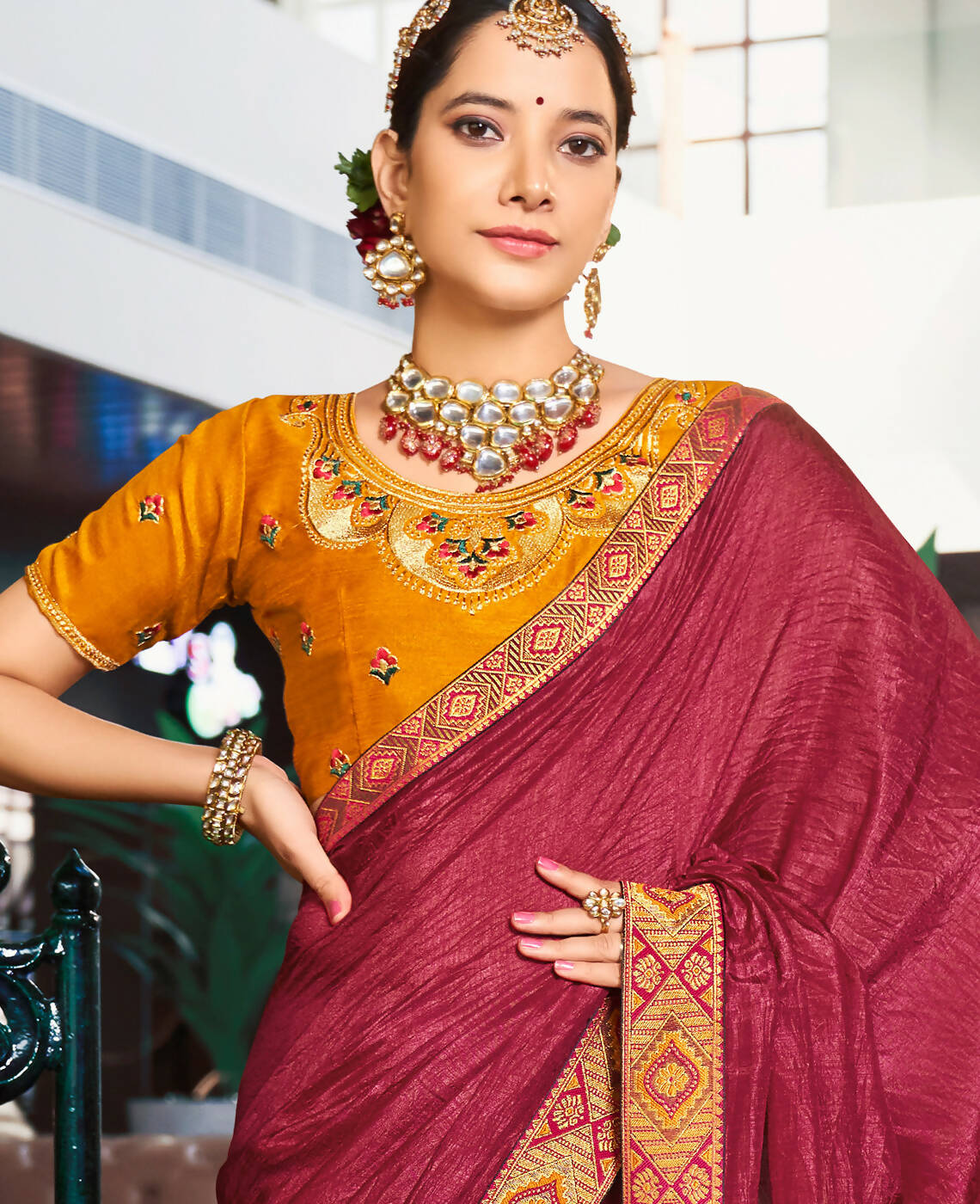 Maroon Solid Vichitra Saree With Unstitched Blouse Piece - Selena - Distacart