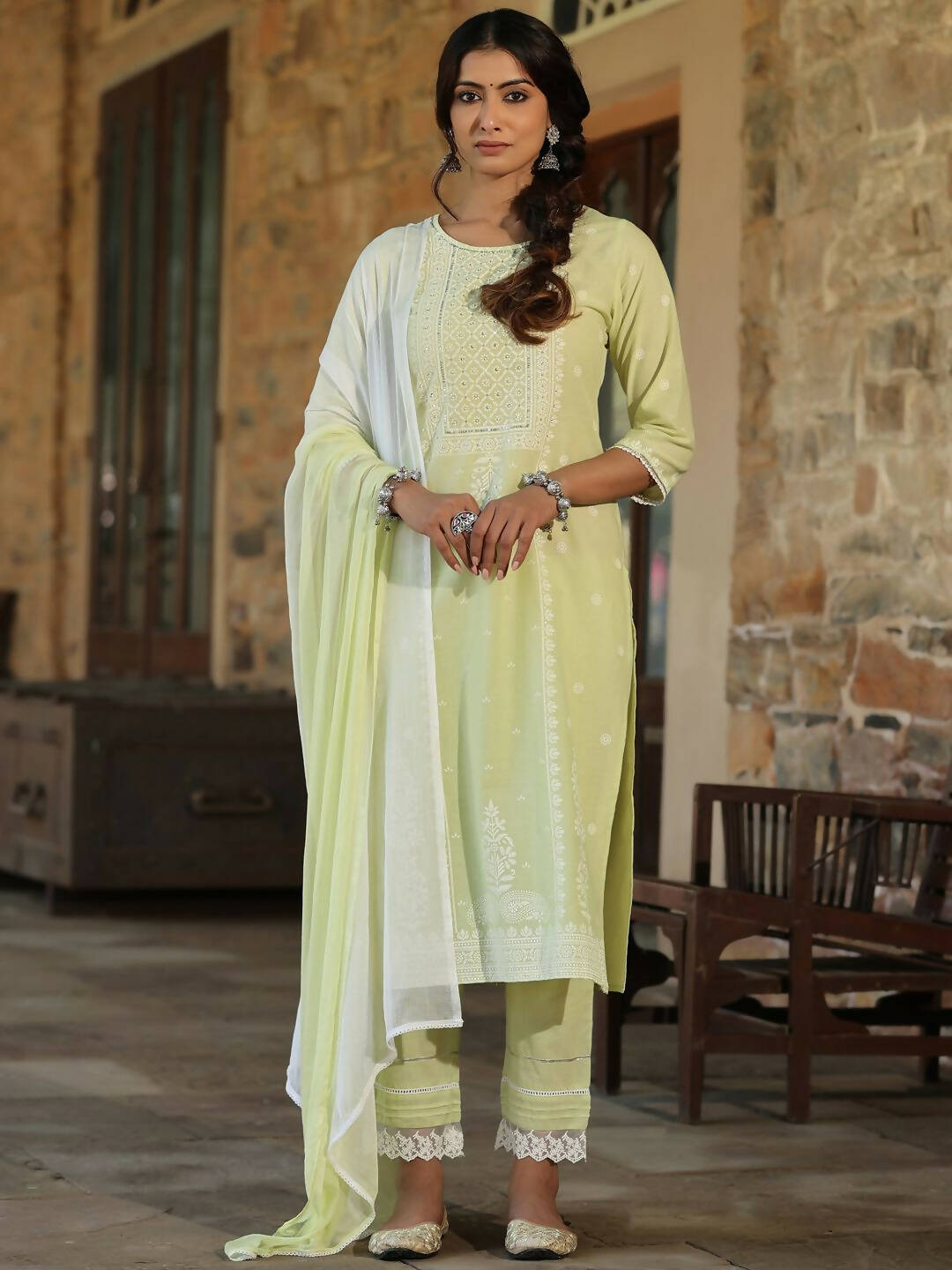 Juniper Women's Lime Green Cambric Floral Print Kurta Straight Pant And Duptta Sets - Distacart