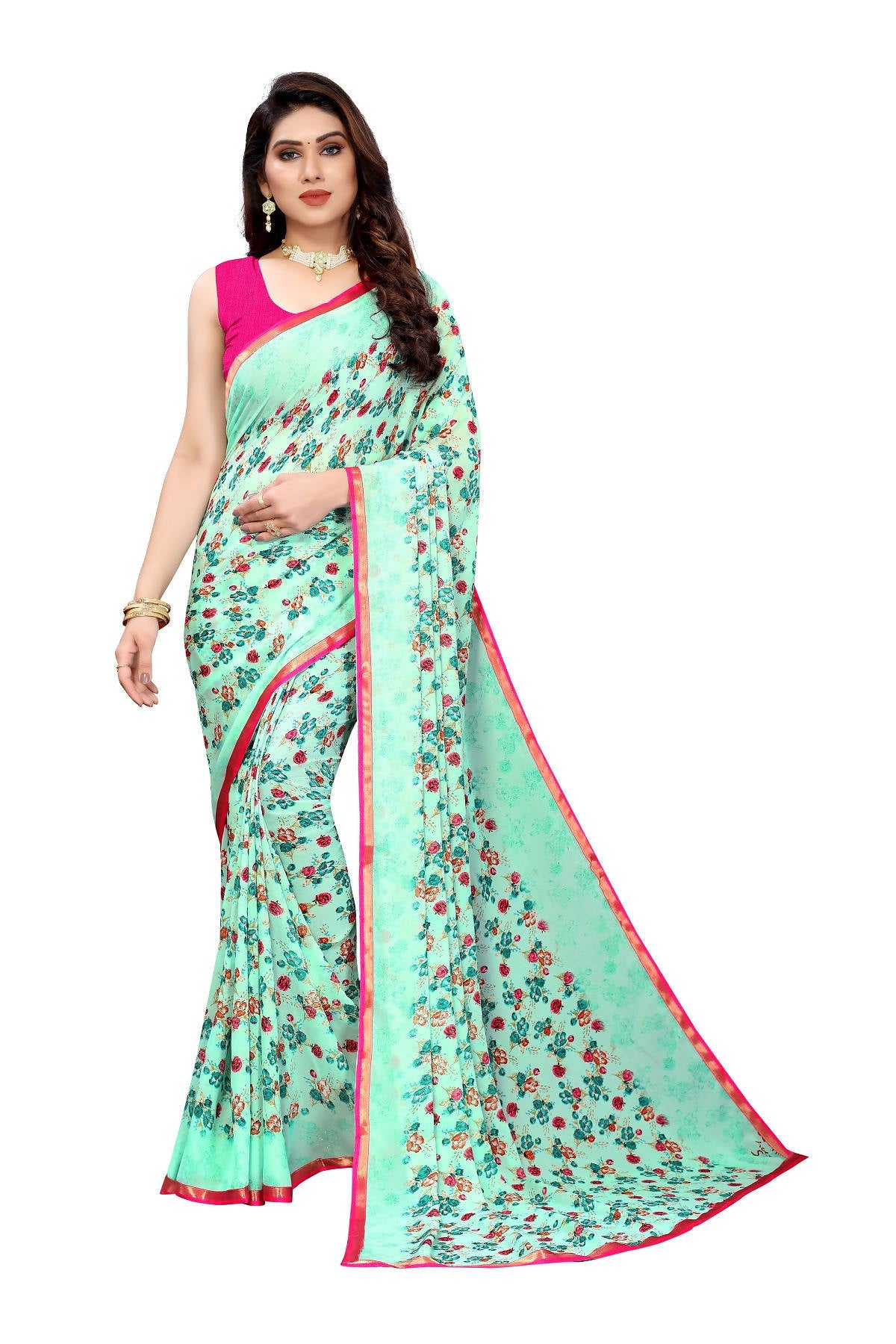 Vamika Ethnic Fire Green Printed With Lace Saree - Distacart