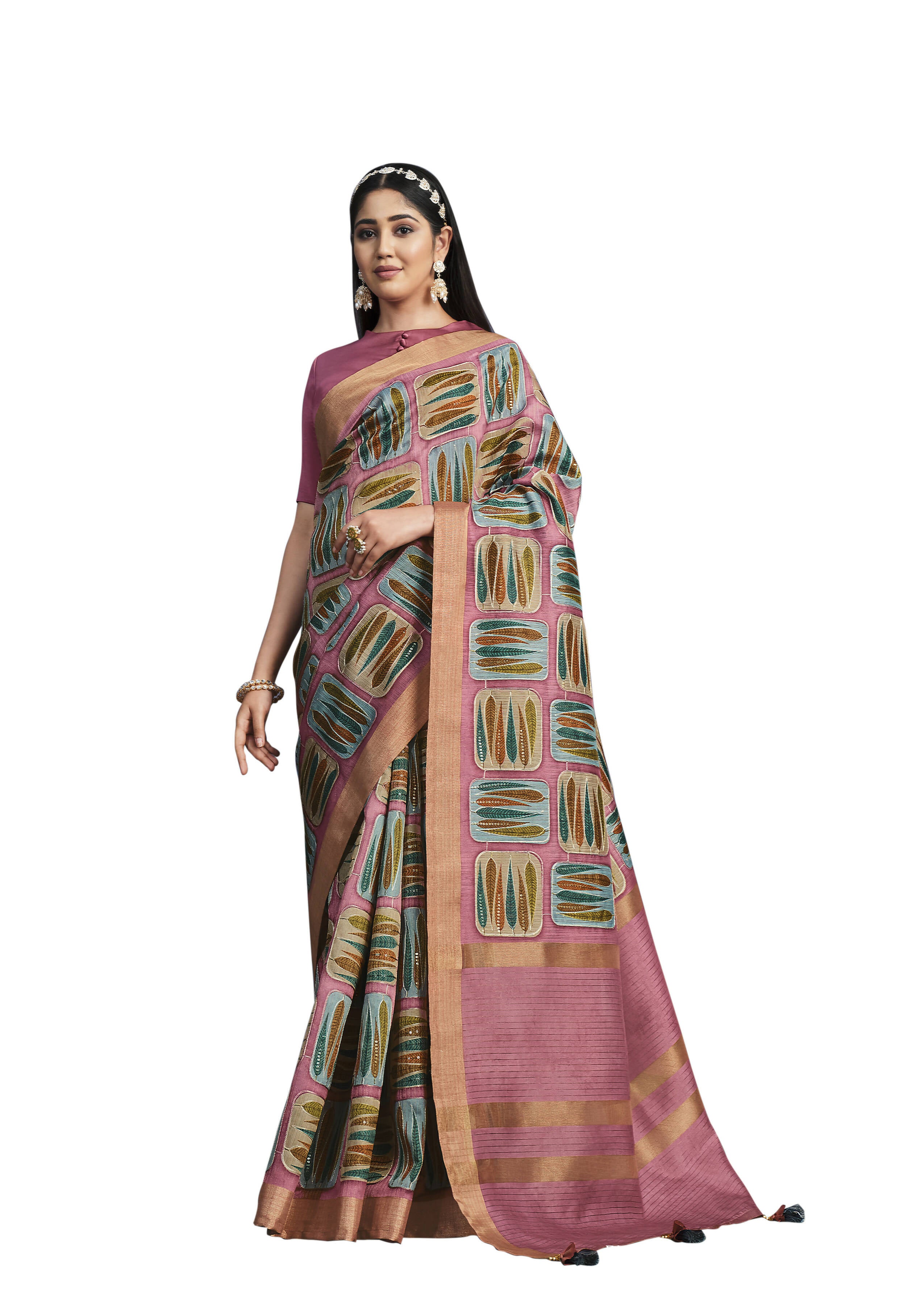Pink Tusser Silk Floral Printed With Embroidered Work Saree With Unstitched Blouse - Mohmanthan Aahana - Distacart